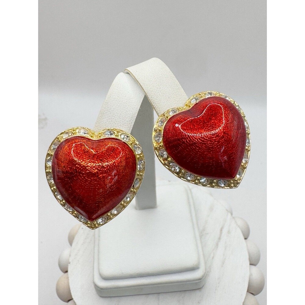 Vintage Victoria's Secret Red Enamel Puff Heart Clip on Earrings Rhinestone